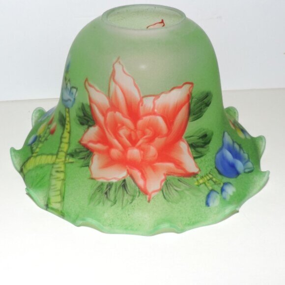 Green Frosted Glass Lampshade With Floral Print Ruffled Edges Home Decor - Picture 3 of 6
